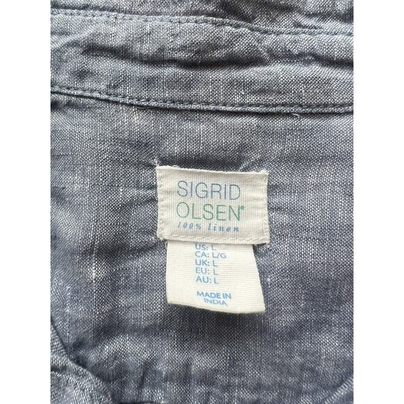 Sigrid Olsen Chambray Button Down Up Blouse Blue Linen Casual Top Designer L - Picture 8 of 11